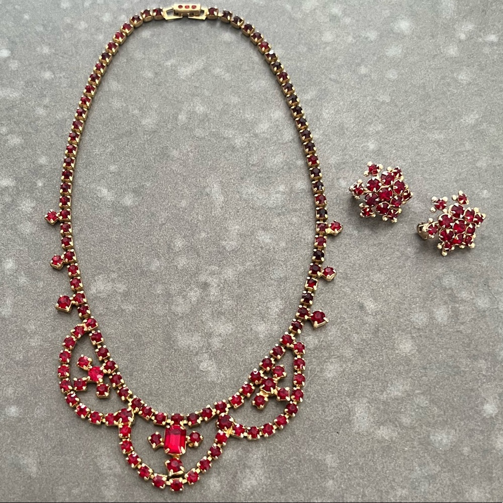 Vintage Gold and Red Gemstone Necklace and Pin Set